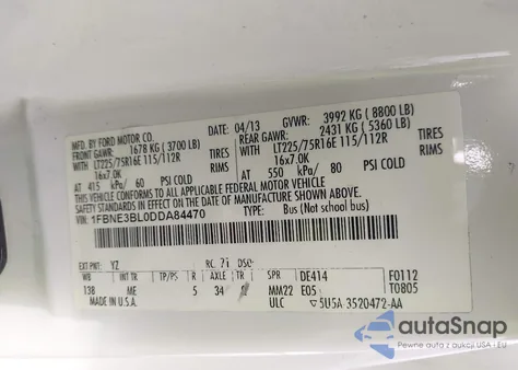 2013 Ford E-350 Super Duty Xlt z USA, uszkodzony, nr VIN 1FBNE3BL0DDA84470